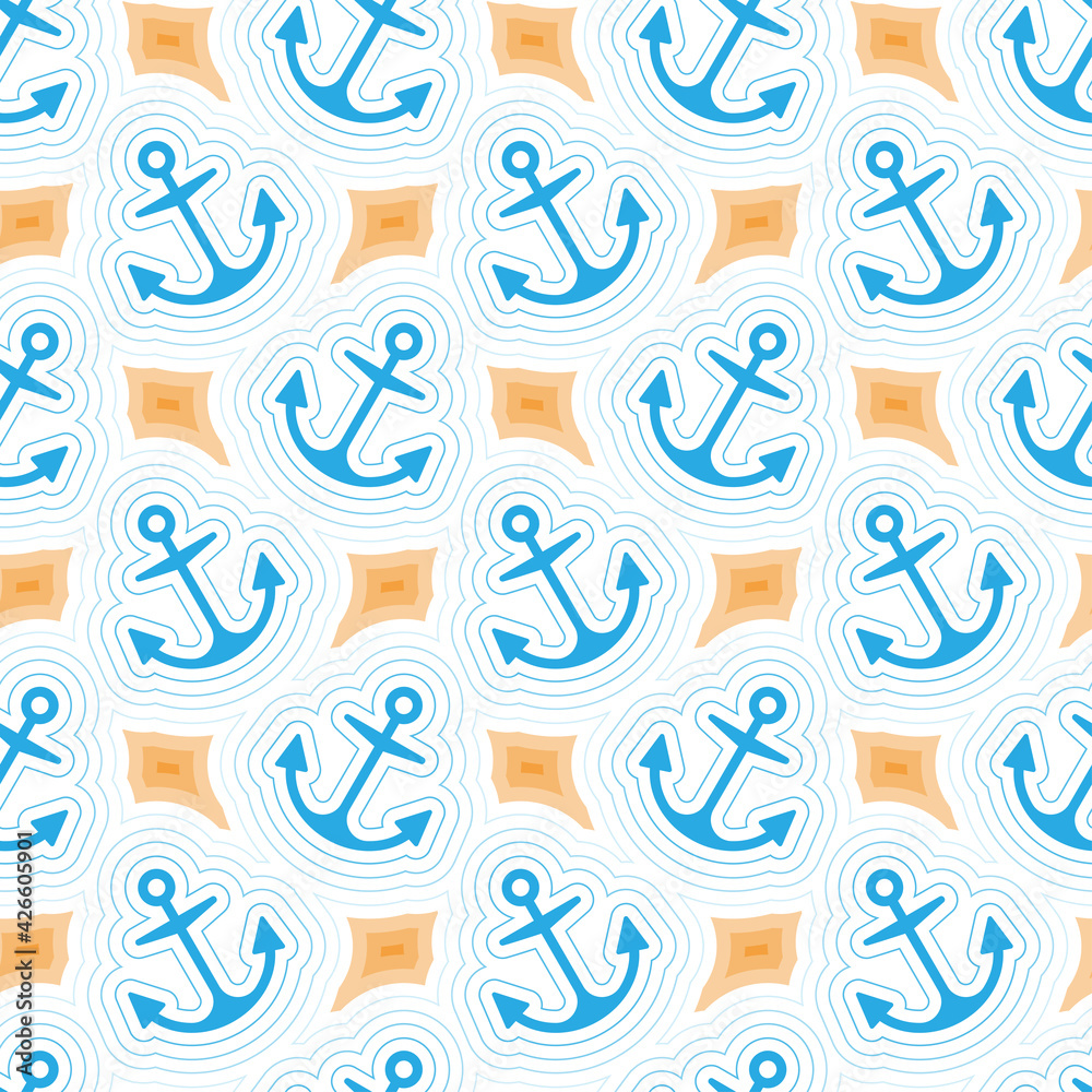 Sea seamless pattern with blue anchors, waves and  yellow islands. Perfect for scrapbook, simple backgrounds, textures, packaging. Vector