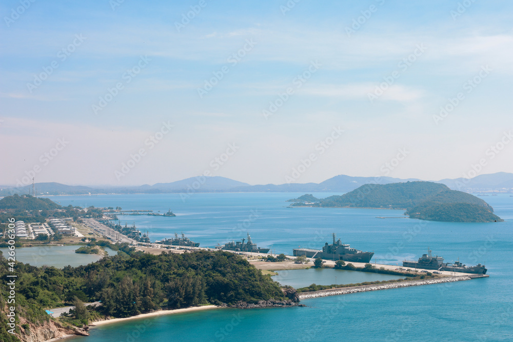 High point view for looking at the location of Sattahip Naval Base with clear sky and blue sea. Sea view and the island close to Sattahip Naval Base, Thailand.