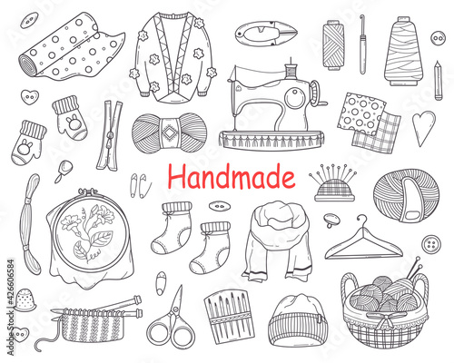 Doodle Set with Knitting and Sewing Tools for Handmade, Needlework,creativity in Sketch style. Hand Drawn Outline Accessories for Dressmaking and Tailoring.Vector Illustration.