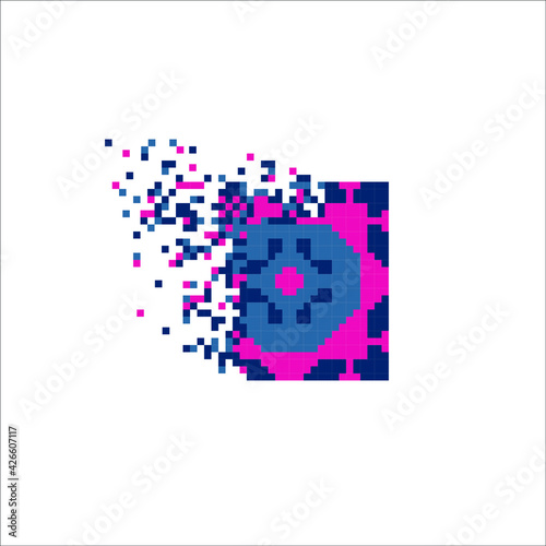 Pixel art tile disintegration into pixels, illustration for graphic design