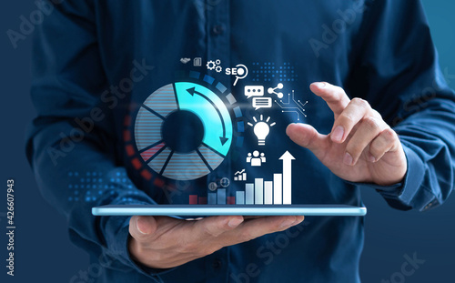 Businessman show increase market share with digital marketing strategy.