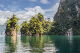 Beautiful mountains lake river sky and natural attractions in Ratchaprapha Dam at Khao Sok National Park