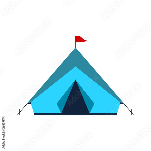 Blue camping tent isolated on white background. Tourism and travel equipment. Outdoor and hiking gear. Simple tourist canopy tent icon. Nature exploring concept. Vector illustration, flat, clip art.