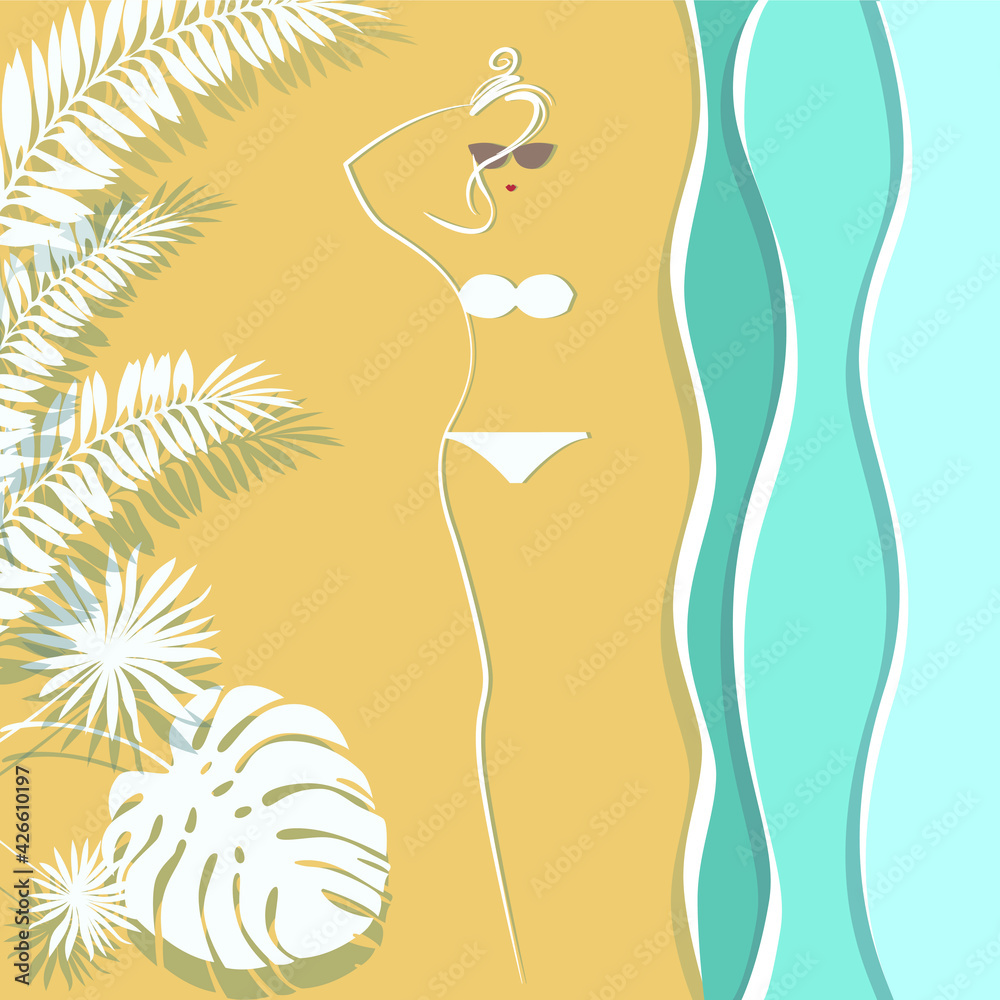 Vector flat design illustration : blue sea, warm beige sand, big tropical palm leaves , linear silhouette of girl wearing bikini swimsuit and sun glasses. Elements for card, poster, invitation, flyer.