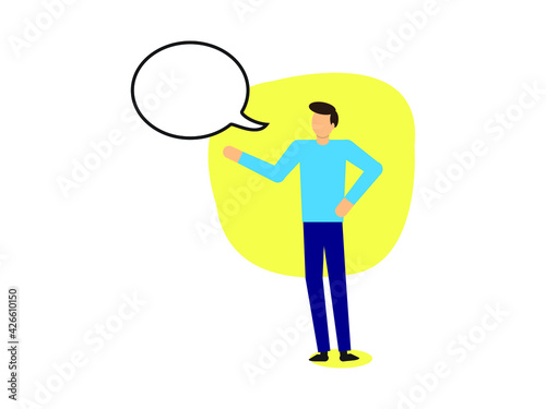 Happy young man talking and explaining something with speech bubble.