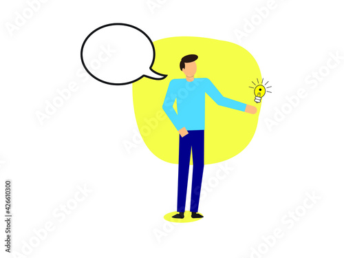 Happy young man pointing upwards to light bulb, concept for idea with speech bubble.