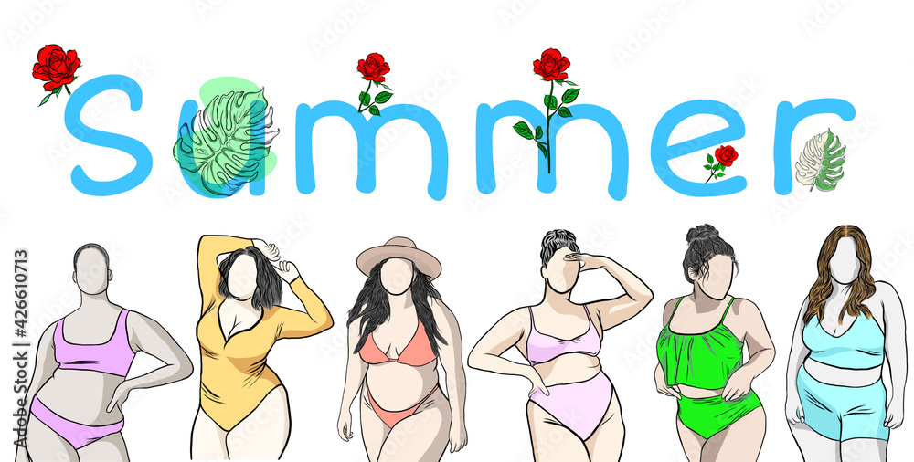 Obraz premium Body positive concept.Woman plus size.Confident obese women wearing a variety of swimwear,swimsuit or bikini in summer.Creative with illustration in flat design.