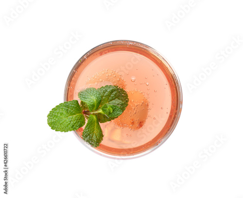 Lychee cocktail isolated on white, top view. Exotic drink