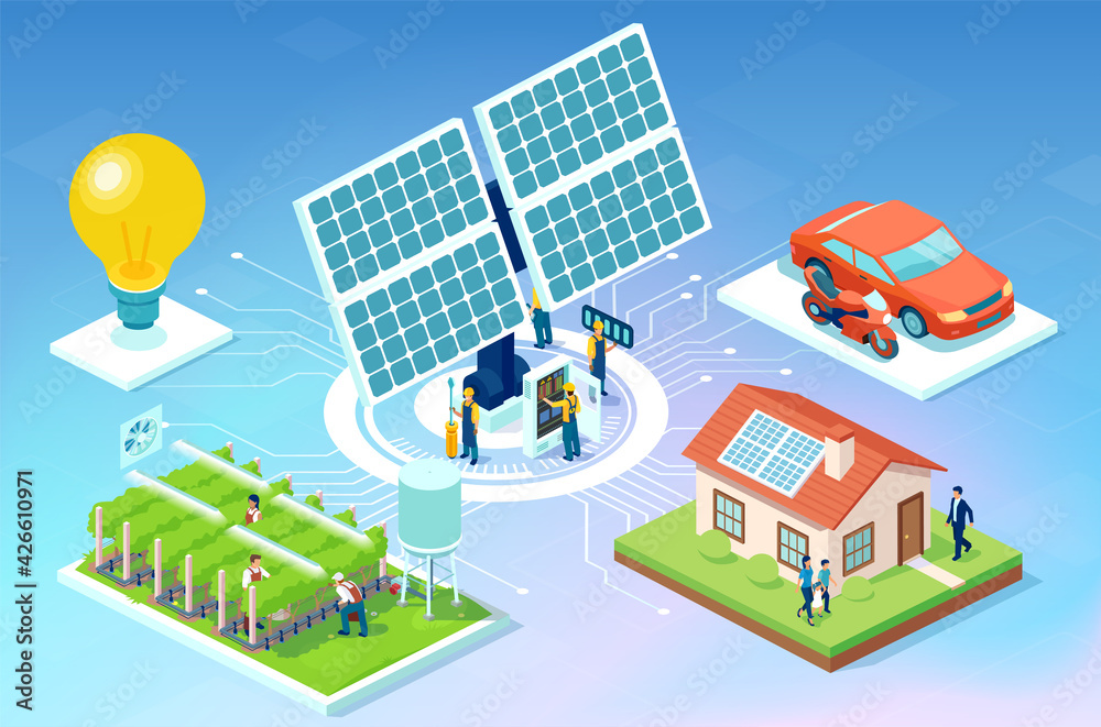 Fototapeta premium Vector of a farm, house and car powered by a solar energy