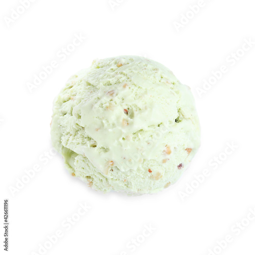 Scoop of delicious ice cream isolated on white, top view