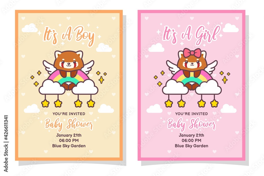 Cute Baby Shower Boy And Girl Invitation Card With Red Panda, Cloud, Rainbow, And Stars Cute Baby Shower Boy And Girl Invitation Card With Red Panda, Cloud, Rainbow, And Stars