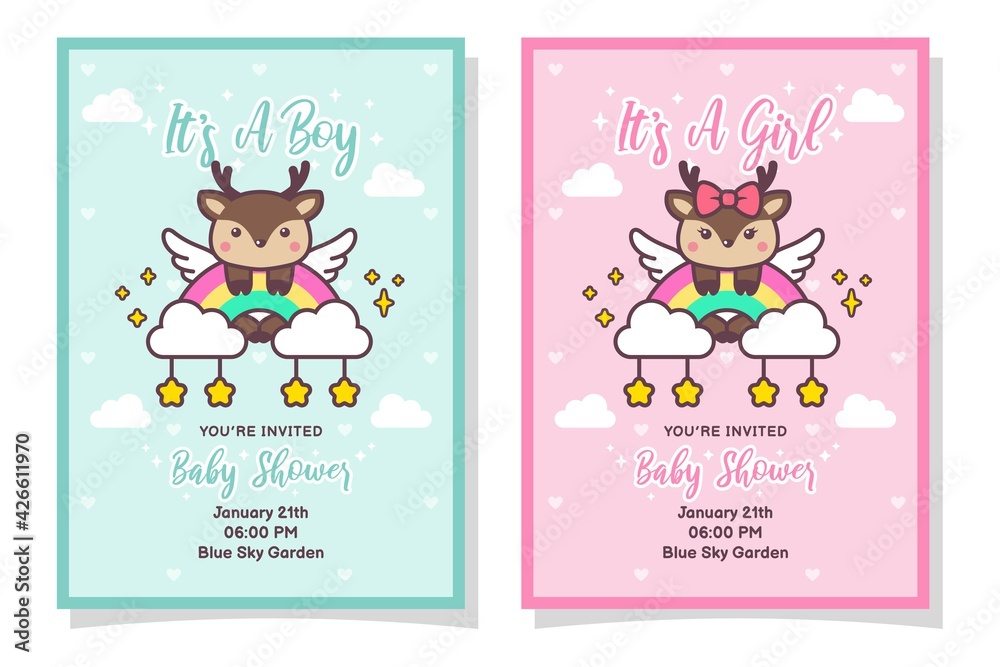 Cute Baby Shower Boy And Girl Invitation Card With Deer, Cloud, Rainbow, And Stars