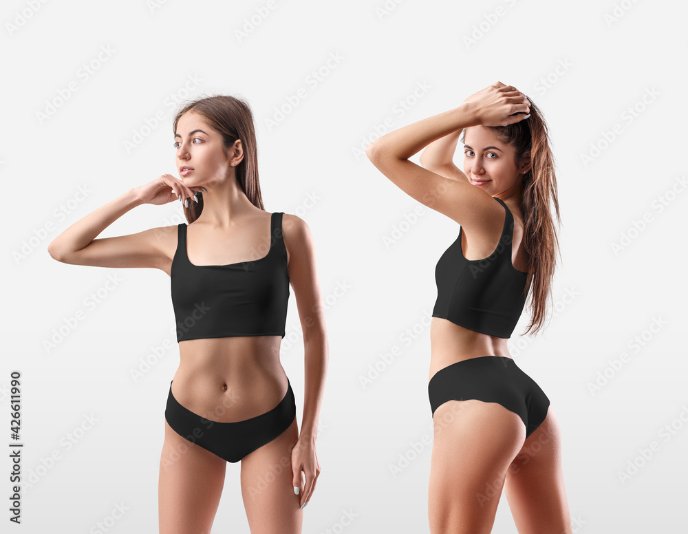 Mockup of white underwear, top and panties on a sexy girl. Set Mockup of white underwear, top and panties on a sexy girl. Set