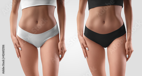 Mockup of white, black underwear, top and panties on a sexy girl. Set