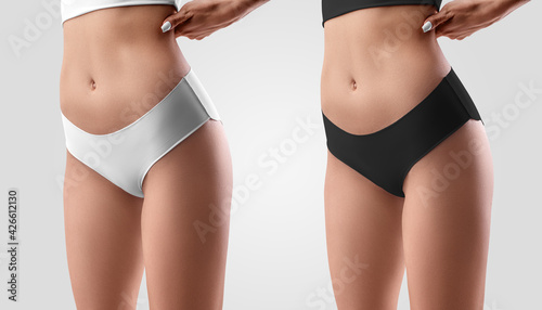 Mockup of white, black underwear, top and panties on a sexy girl. Set