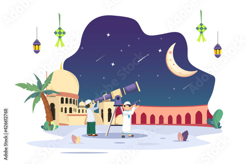 Ramadan Kareem, Muslim people search at the sky with a telescope for the new moon that signals the start of the Holy month of Ramadan vector illustration