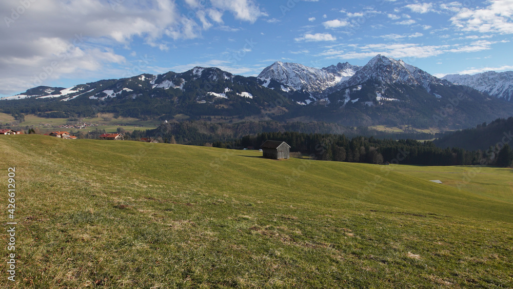 Fototapeta premium Winteruntypisches Bergpanorama in den Allgäuer Alpen mit grünen Talflanken und Schnee nur auf den Gipfeln
