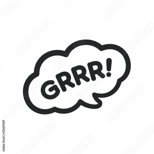 Grrr! text in a speech bubble balloon clipart. Cartoon comics angry dog animal bark sound effect and lettering. Simple black and white outline flat vector illustration design on white background.