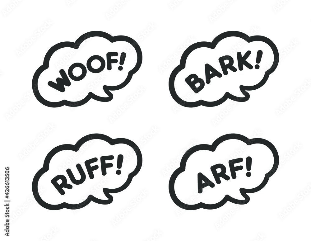 Dog bark animal sound effect text in a speech bubble balloon clipart set.  Cartoon comics and lettering. Simple black and white outline flat vector  illustration design on white background. Stock Vector |