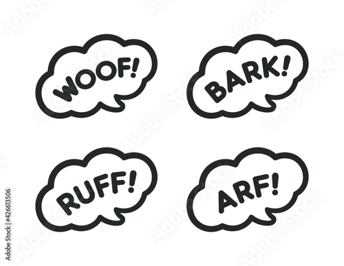 Dog bark animal sound effect text in a speech bubble balloon clipart set. Cartoon comics and lettering. Simple black and white outline flat vector illustration design on white background.  photo