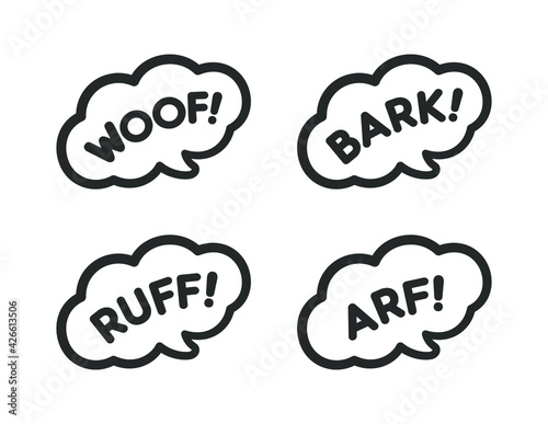 Dog bark animal sound effect text in a speech bubble balloon clipart set. Cartoon comics and lettering. Simple black and white outline flat vector illustration design on white background. 