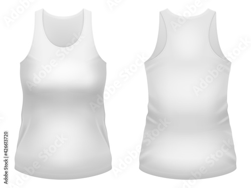 Blank white tank top template. Front and back views. Vector illustration.