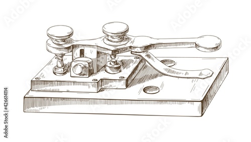 Sketch of old telegraph machine in vintage style. Antique Morse code device for communication. Detailed realistic hand-drawn vector illustration of historical equipment isolated on white background