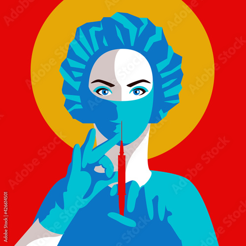 Doctor, nurse, scientist, researcher hand in blue gloves holding coronavirus, covid-19 2019-ncov vaccine. vaccination shot, medicine and drug concept. Flat vector illustration Vaccination and