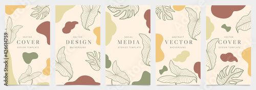 Cover templates vector set. Social media background design with floral and hand drawn organic shapes textures. Abstract minimal trendy style wallpaper. Vector illustration.
