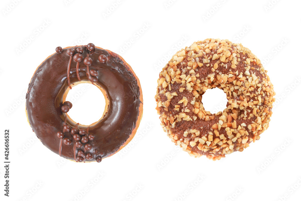 Donut two style covered with chocolate and nuts isolated on white background withclipping path Donut two style covered with chocolate and nuts isolated on white background withclipping path