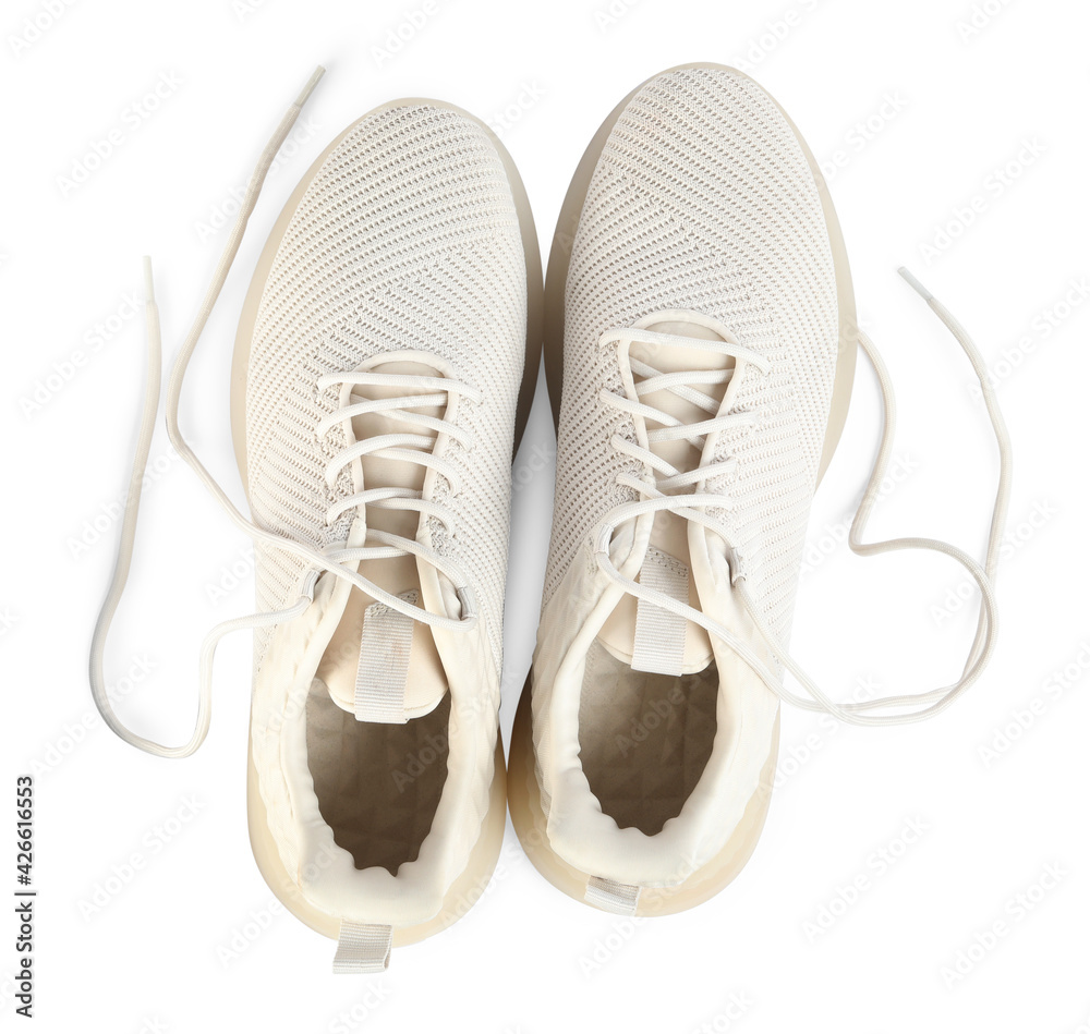 Pair of stylish shoes with laces on white background, top view Pair of stylish shoes with laces on white background, top view