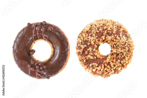 Donut two style  covered with chocolate and nuts isolated on white background withclipping path