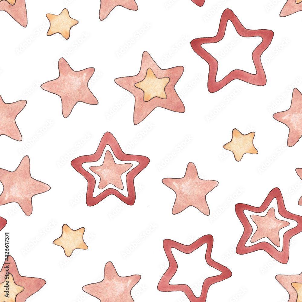Seamless pattern from a set of watercolor illustrations of stars in red, cream colors isolated on a white background. Size 20 by 20 cm, 600 dpi Seamless pattern from a set of watercolor illustrations of stars in red, cream colors isolated on a white background. Size 20 by 20 cm, 600 dpi