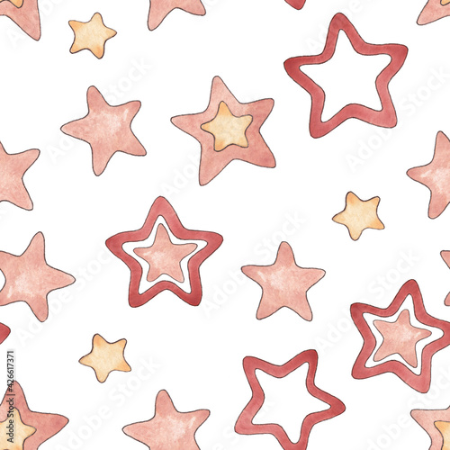 Seamless pattern from a set of watercolor illustrations of stars in red, cream colors isolated on a white background. Size 20 by 20 cm, 600 dpi