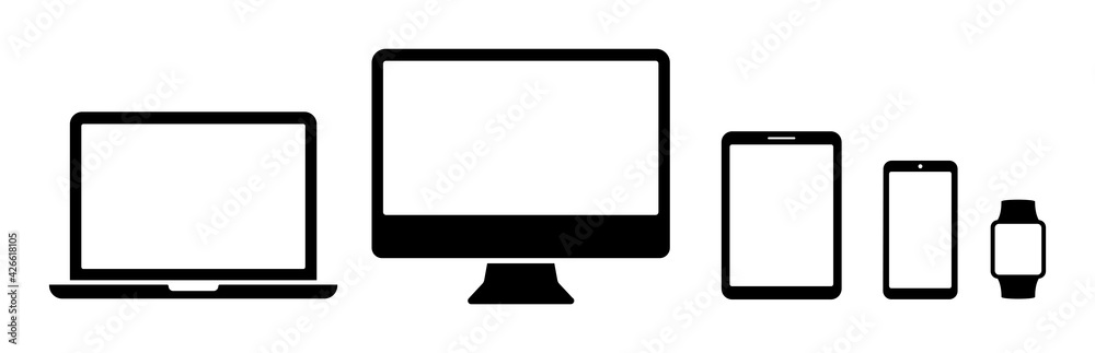 Devices icons set of smart phone, tablet, laptop and smart watch. Collection modern digital device in flat style. Responsive web design vector illustration. Devices icons set of smart phone, tablet, laptop and smart watch. Collection modern digital device in flat style. Responsive web design vector illustration.