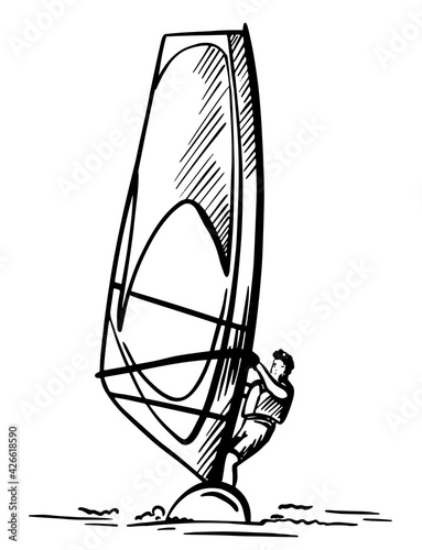 Windsurfing Sketch. Transparency Grid Background Design. Vector Illustration.