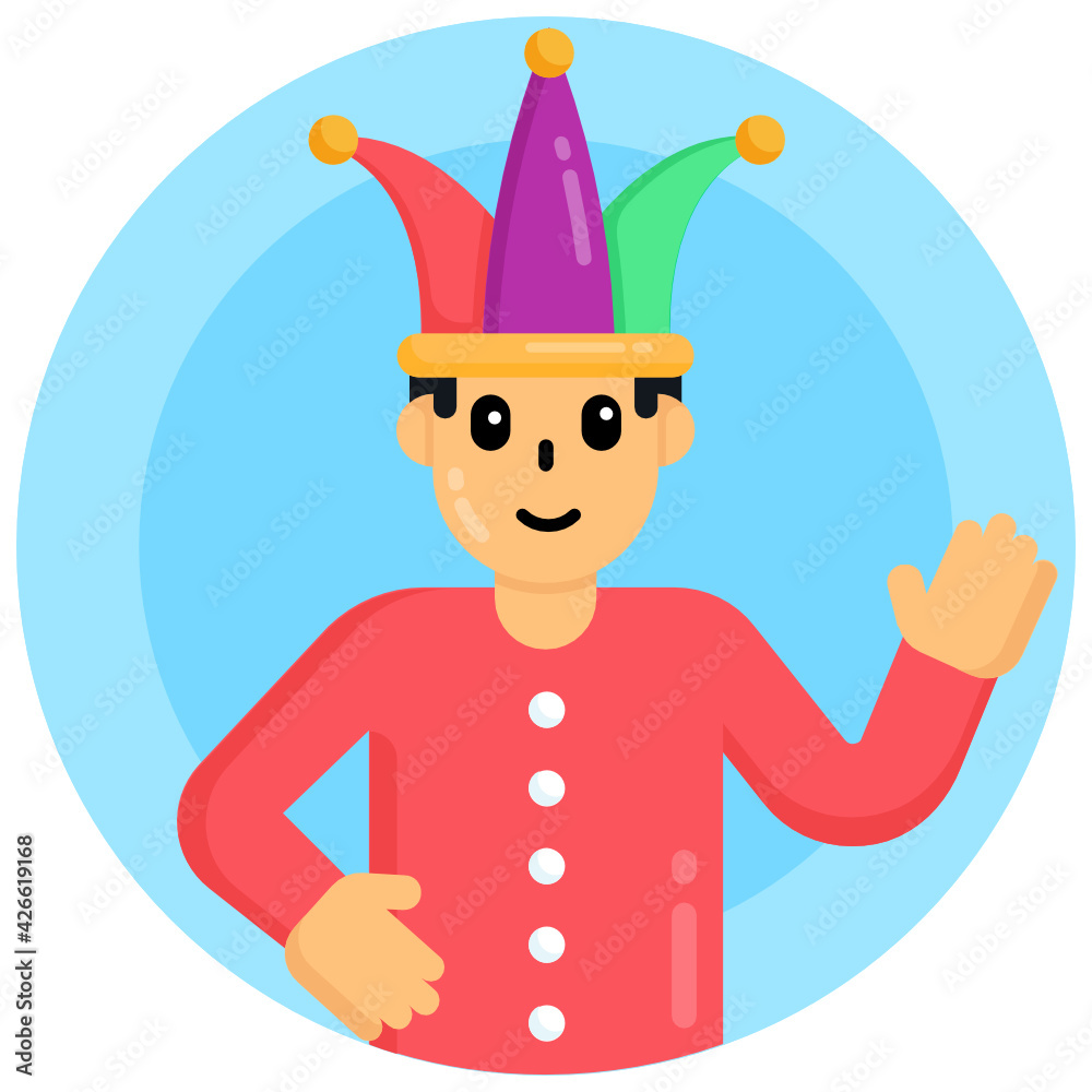 
A person with clown cap, flat round vector 

