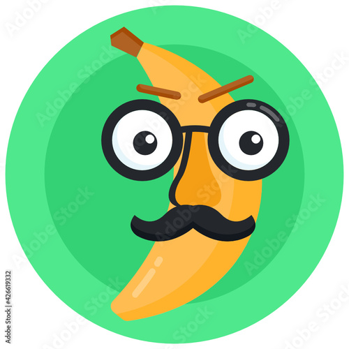 
A funny banana with face, flat round icon of banana prank

