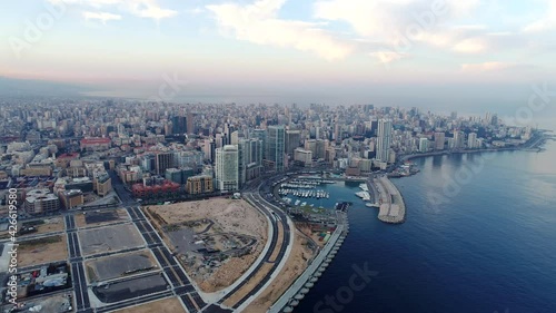 4K forward Aerial drone shot of Beirut skyline at sunrise, Aerial footage of Beirut city
 photo