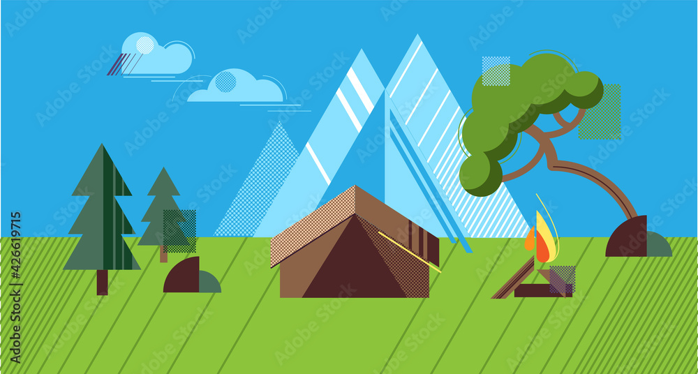 Flat geometric landscape. Mountain camp with a fire near the trees.