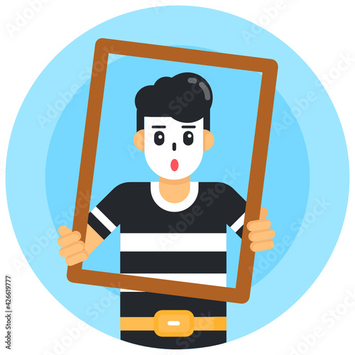 
A mime cartoon frame in a flat rounded icon 

