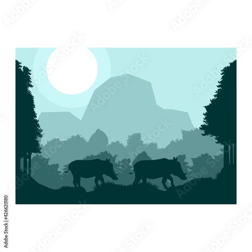 pig boar animal silhouette forest mountain landscape flat design vector illustration