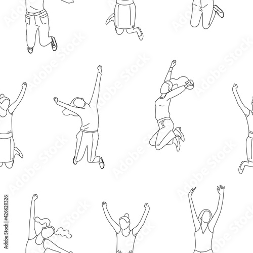 Seamless pattern with line art jumping girls in business clothes, with hands up.