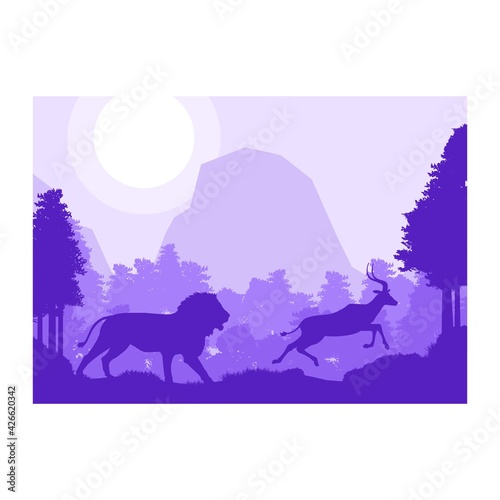 lion hunt impala deer animal silhouette forest mountain landscape flat design vector illustration