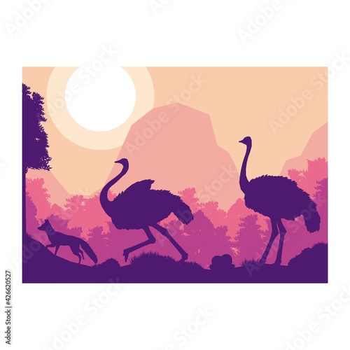 ostrich fox animal silhouette forest mountain landscape flat design vector illustration