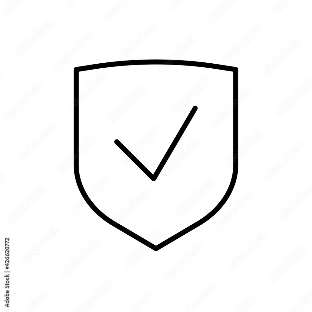 Outline shield with check mark thin line icon in black. Trendy flat style isolated symbol, can be used for: illustration, template, logo, mobile, app, emblem, design, web, site, ui, ux. Vector EPS 10 Outline shield with check mark thin line icon in black. Trendy flat style isolated symbol, can be used for: illustration, template, logo, mobile, app, emblem, design, web, site, ui, ux. Vector EPS 10