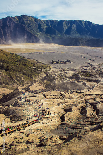 View from the top of Mount Bromo on people descending from the crater of this volcano, Bromo Tengger Semeru National Park