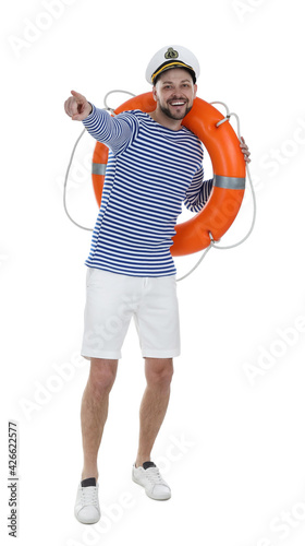 Happy sailor with ring buoy pointing on white background