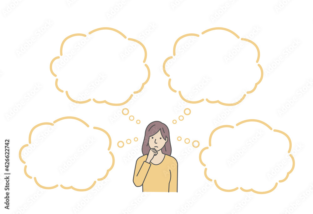 Vector illustration of a thinking woman with speech bubbles. Vector illustration of a thinking woman with speech bubbles.