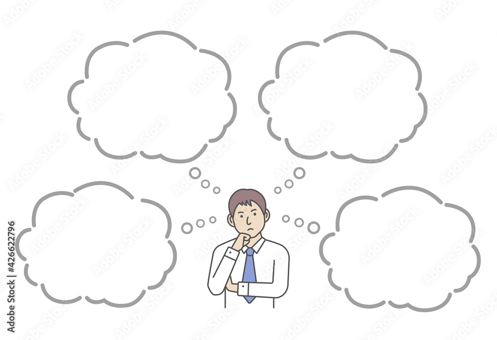 Vector illustration of a thinking businessman with speech bubbles.